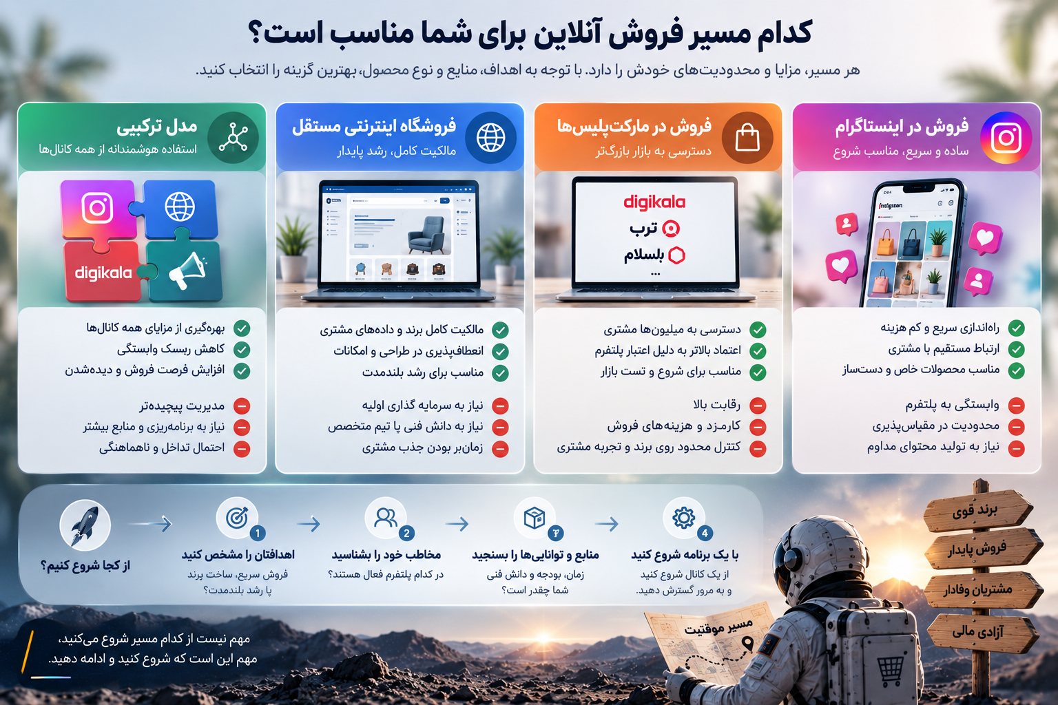 مقایسه مسیرهای فروش آنلاین شامل اینستاگرام، مارکت‌پلیس، فروشگاه اینترنتی مستقل و مدل ترکیبی