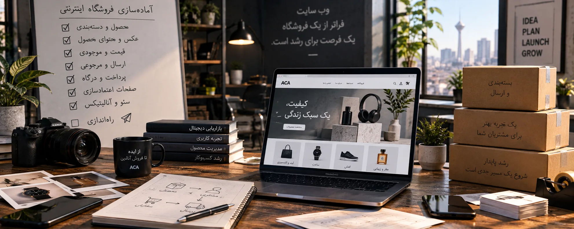 میز کار آمادهسازی فروشگاه اینترنتی شامل اطلاعات محصول، عکاسی، فروشگاه آنلاین و بستهبندی سفارش