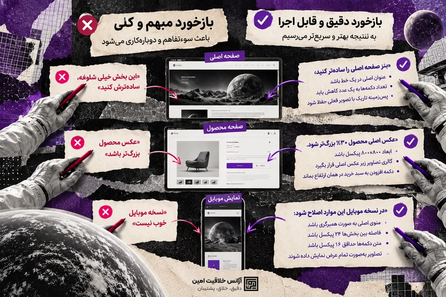 اینفوگرافیک فارسی مقایسه سه نمونه بازخورد مبهم و بازخورد دقیق در تأیید طراحی سایت برای صفحات اصلی، محصول و نسخه موبایل