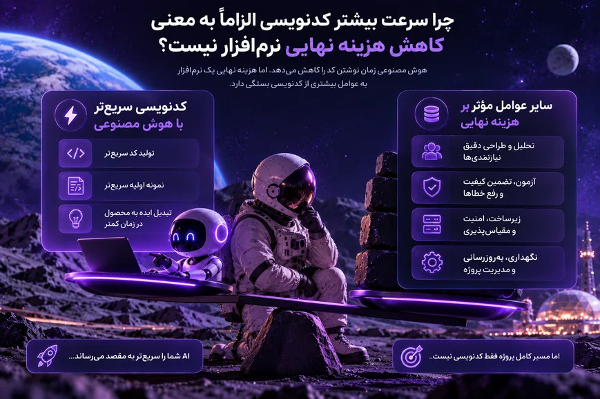 اینفوگرافیک ترازوی مقایسه سرعت کدنویسی با هوش مصنوعی و هزینه‌های تحلیل، آزمون، زیرساخت و نگهداری نرم‌افزار