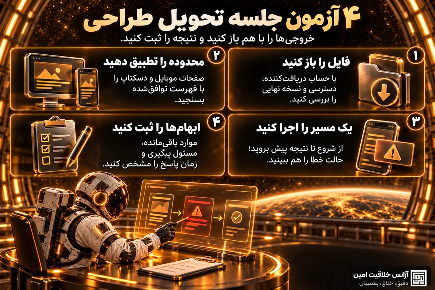 اینفوگرافیک چهار آزمون جلسه تحویل طراحی: بازکردن فایل با حساب دریافت‌کننده، تطبیق محدوده، اجرای مسیر اصلی و ثبت ابهام‌ها و مسئول پیگیری