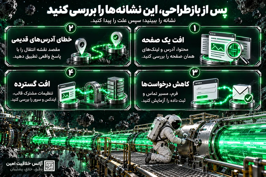 چهار نشانه پس از بازطراحی سایت: افت یک صفحه، خطای آدرس‌های قدیمی، کاهش درخواست‌ها و افت گسترده؛ همراه با بررسی اولیه هر مورد